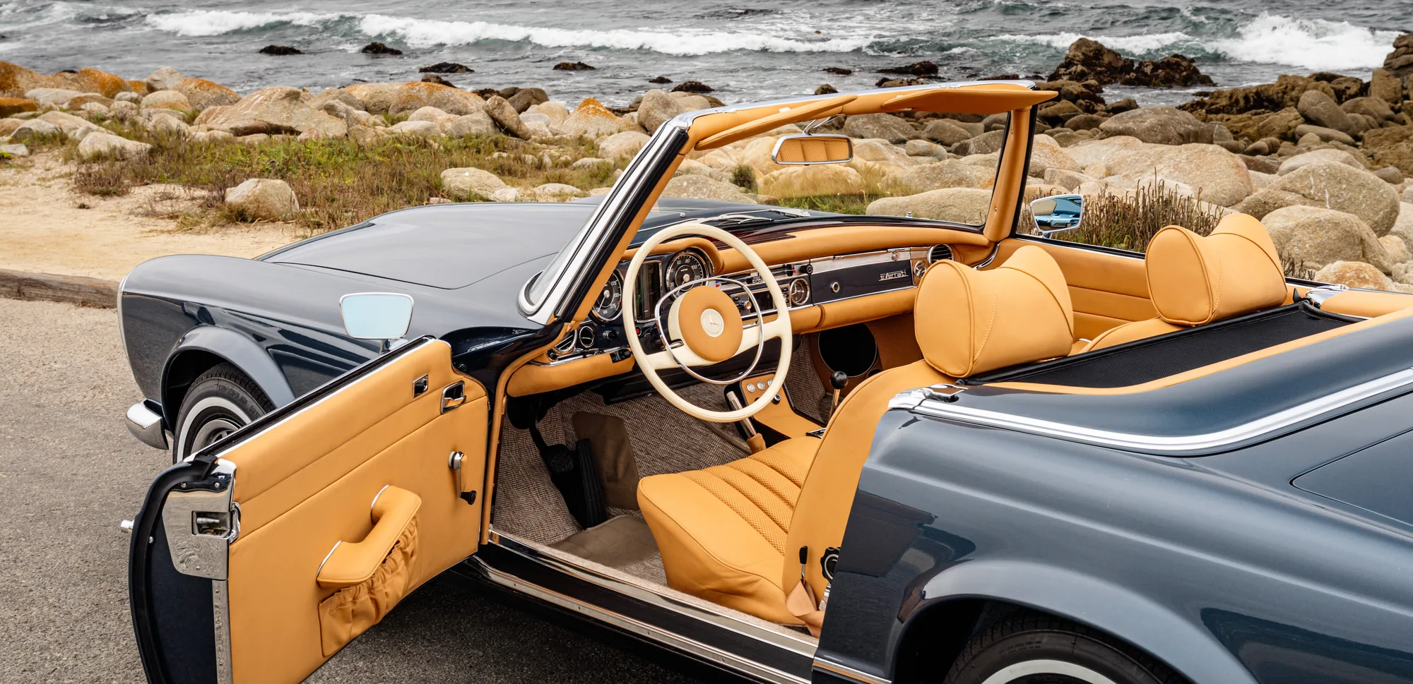 Everrati Mercedes-Benz W113 SL Pagoda hand-trimmed tan leather interior with door open