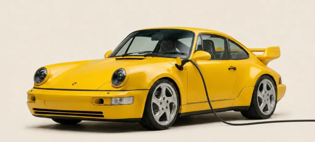 Yellow electric Porsche 911 (964) RSR by Everrati on charge